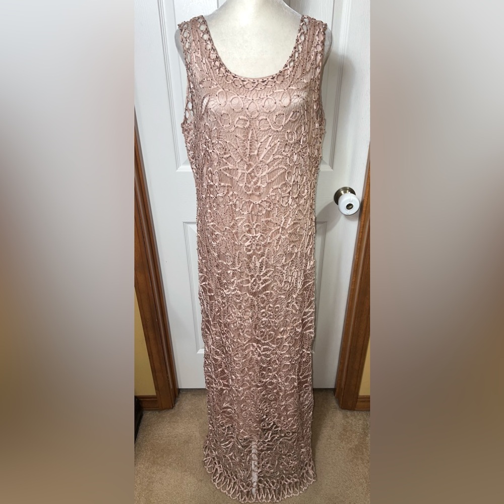 Soulmates Vintage 100% Silk Maxi Dress Gown Beaded Crochet Champagne Beige XL
